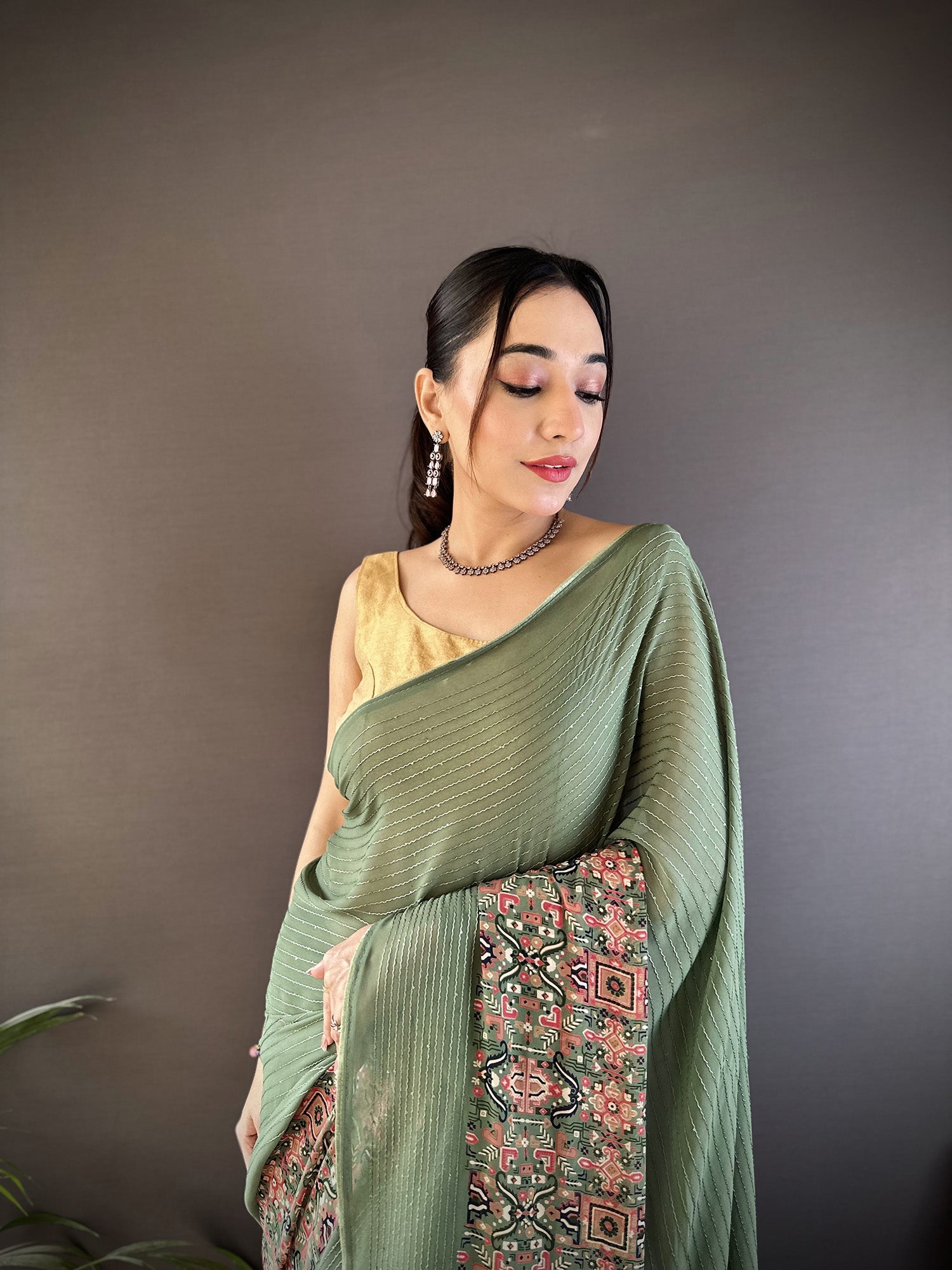 Joban Fashion Mehendi Green Georgette Attractive Foil Print Saree