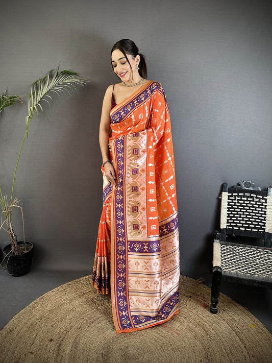 Joban Fashion Orange Banarasi Silk Motifs Inspired By Nature Saree