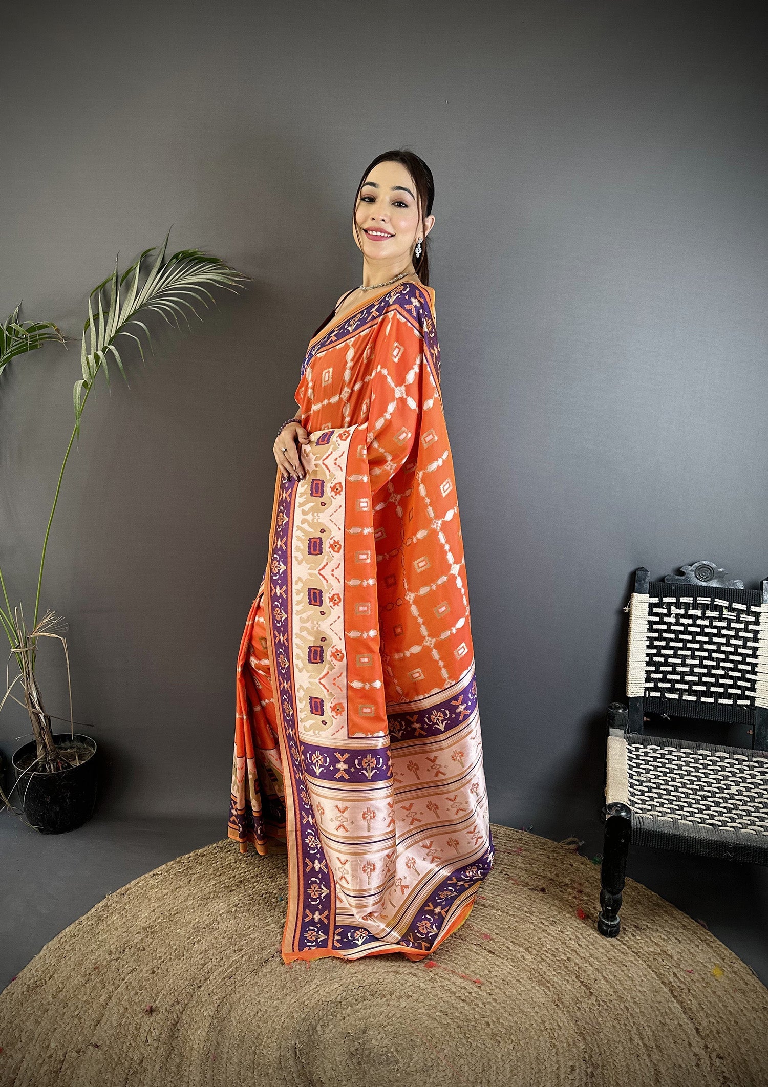Joban Fashion Orange Banarasi Silk Motifs Inspired By Nature Saree