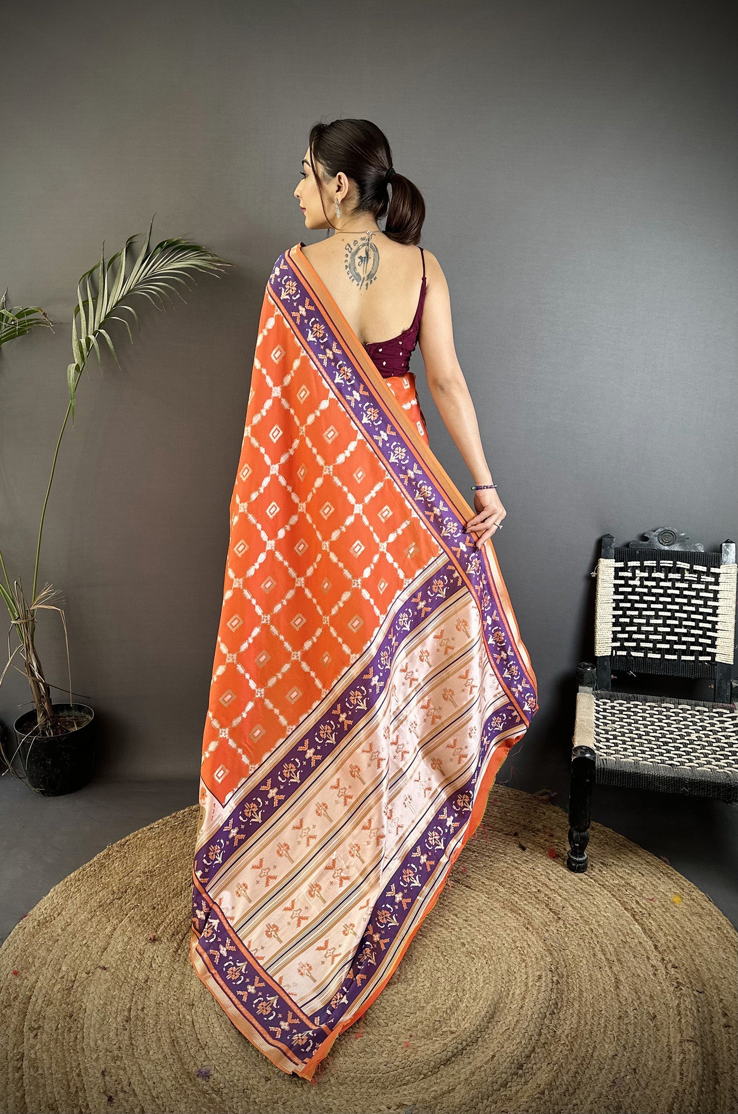 Joban Fashion Orange Banarasi Silk Motifs Inspired By Nature Saree