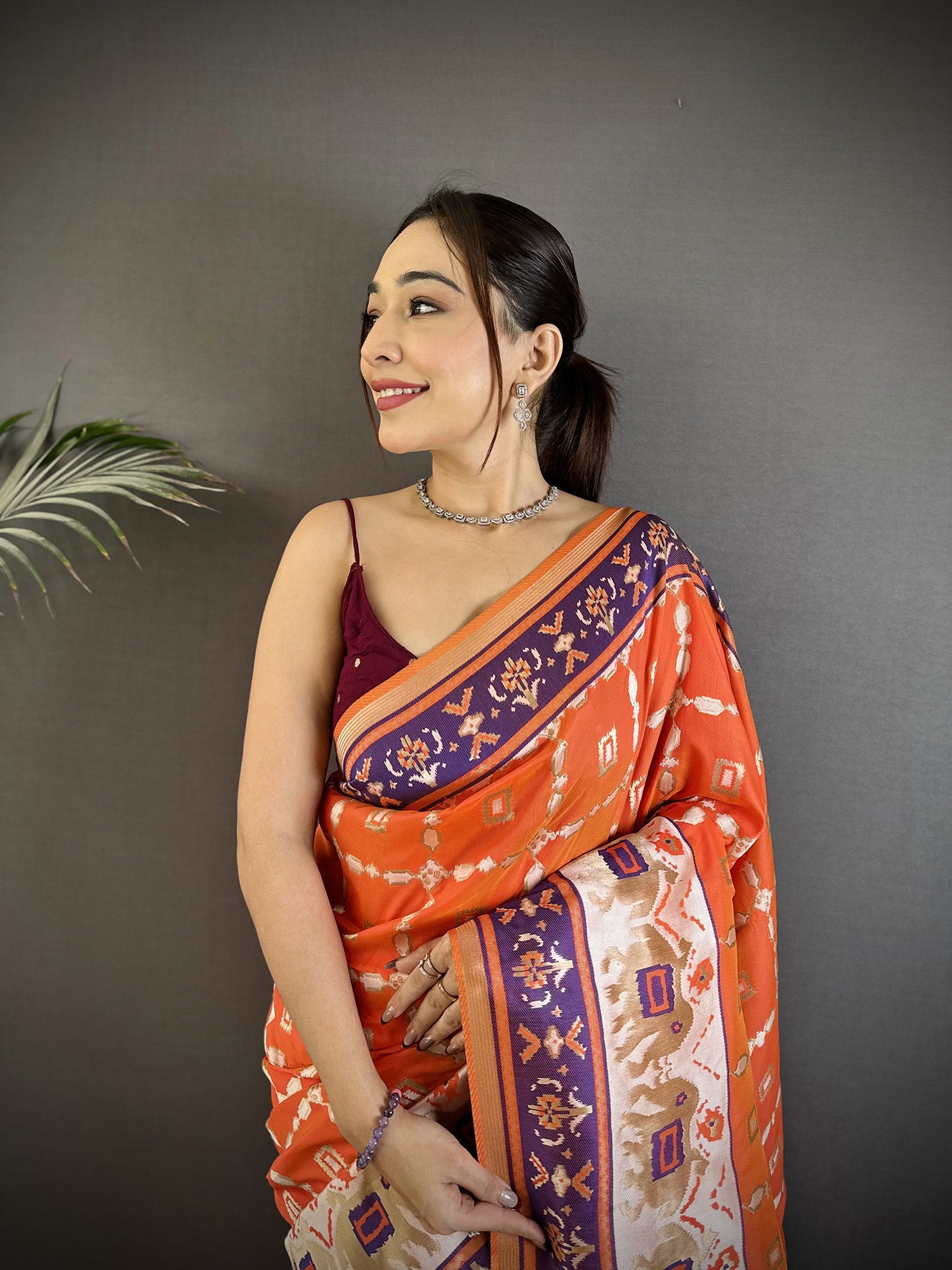 Joban Fashion Orange Banarasi Silk Motifs Inspired By Nature Saree