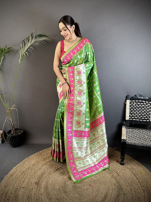 Joban Fashion Parrot Green Banarasi Silk Motifs Inspired By Nature Saree