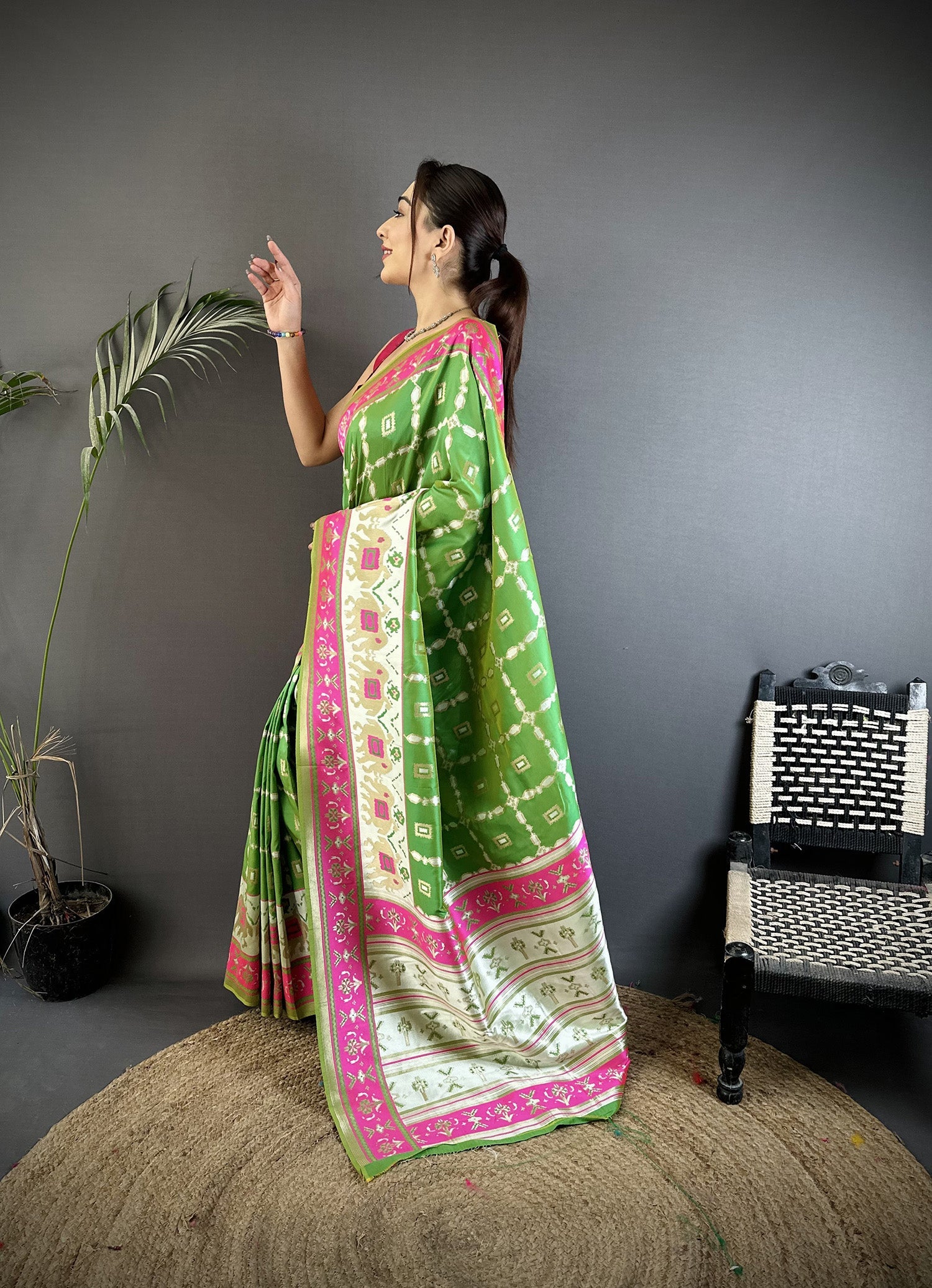 Joban Fashion Parrot Green Banarasi Silk Motifs Inspired By Nature Saree