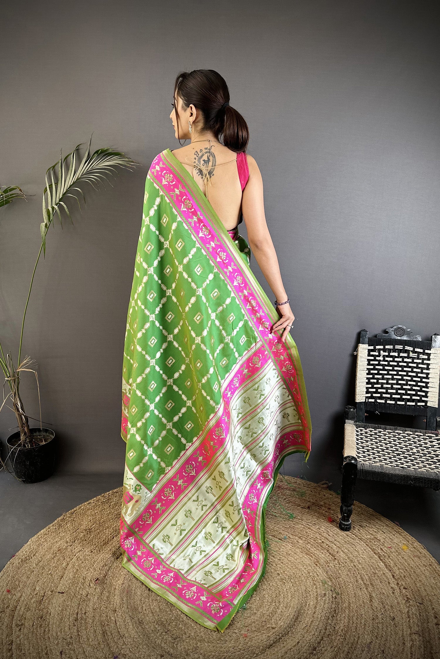 Joban Fashion Parrot Green Banarasi Silk Motifs Inspired By Nature Saree