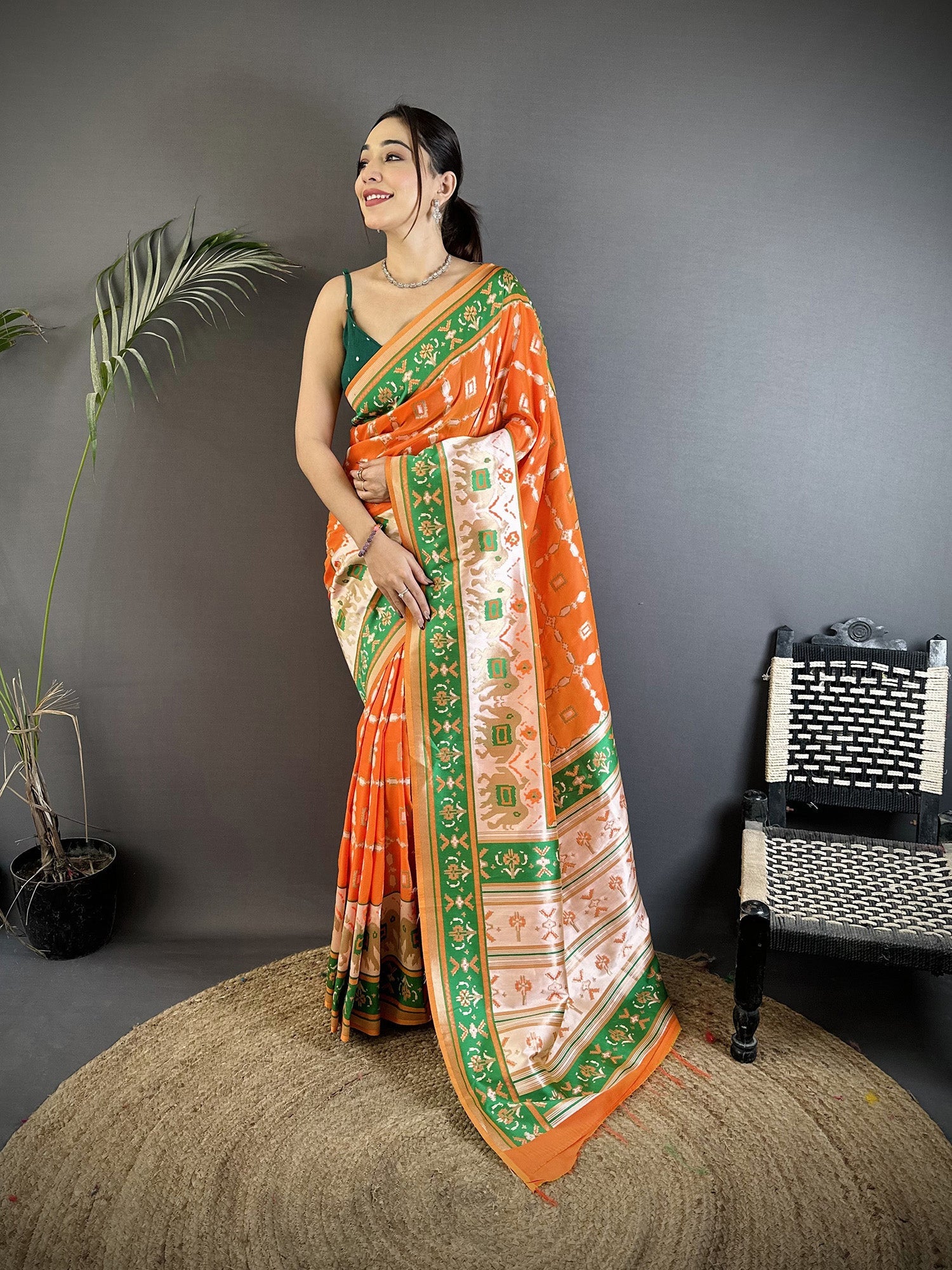 Joban Fashion Orange Banarasi Silk Motifs Inspired By Nature Saree