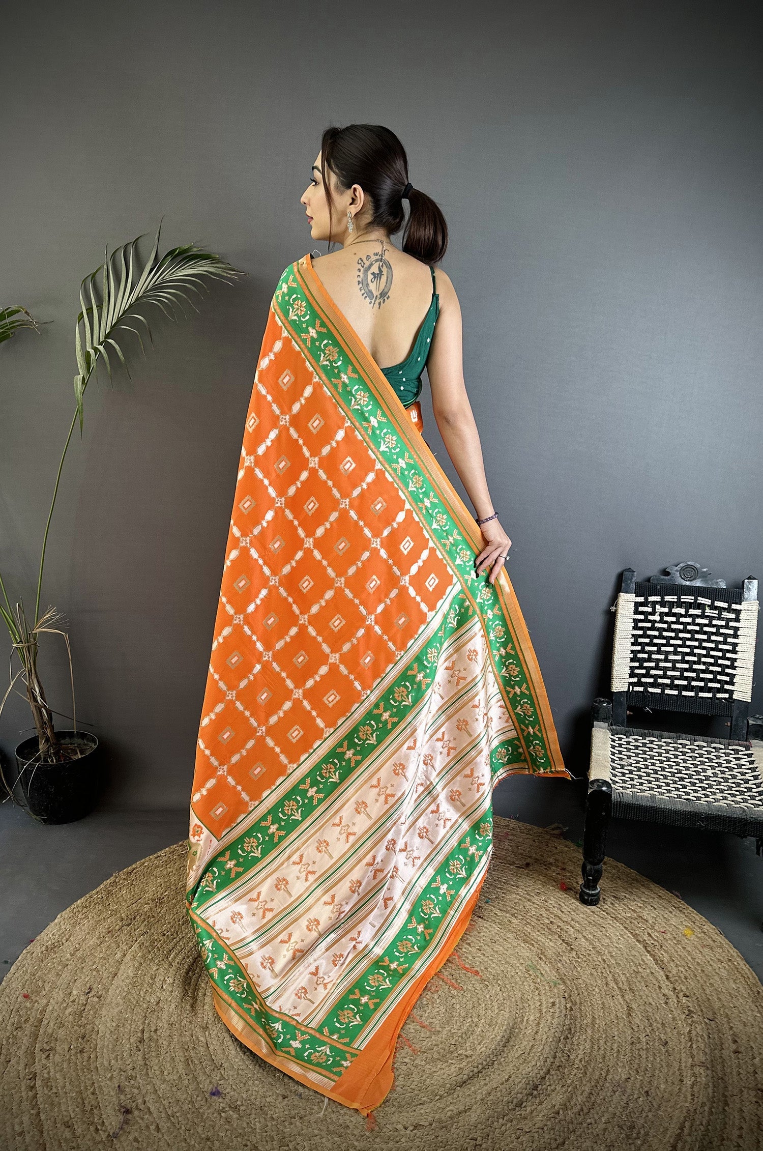 Joban Fashion Orange Banarasi Silk Motifs Inspired By Nature Saree