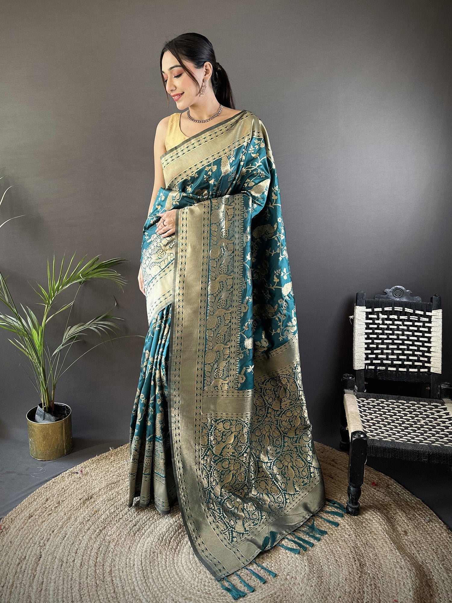 Joban Fashion Teal Blue Banarasi Soft Lichi Silk Floral and Zari Pattern Saree