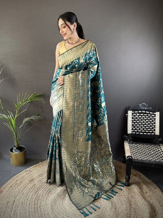 Joban Fashion Teal Blue Banarasi Soft Lichi Silk Floral and Zari Pattern Saree