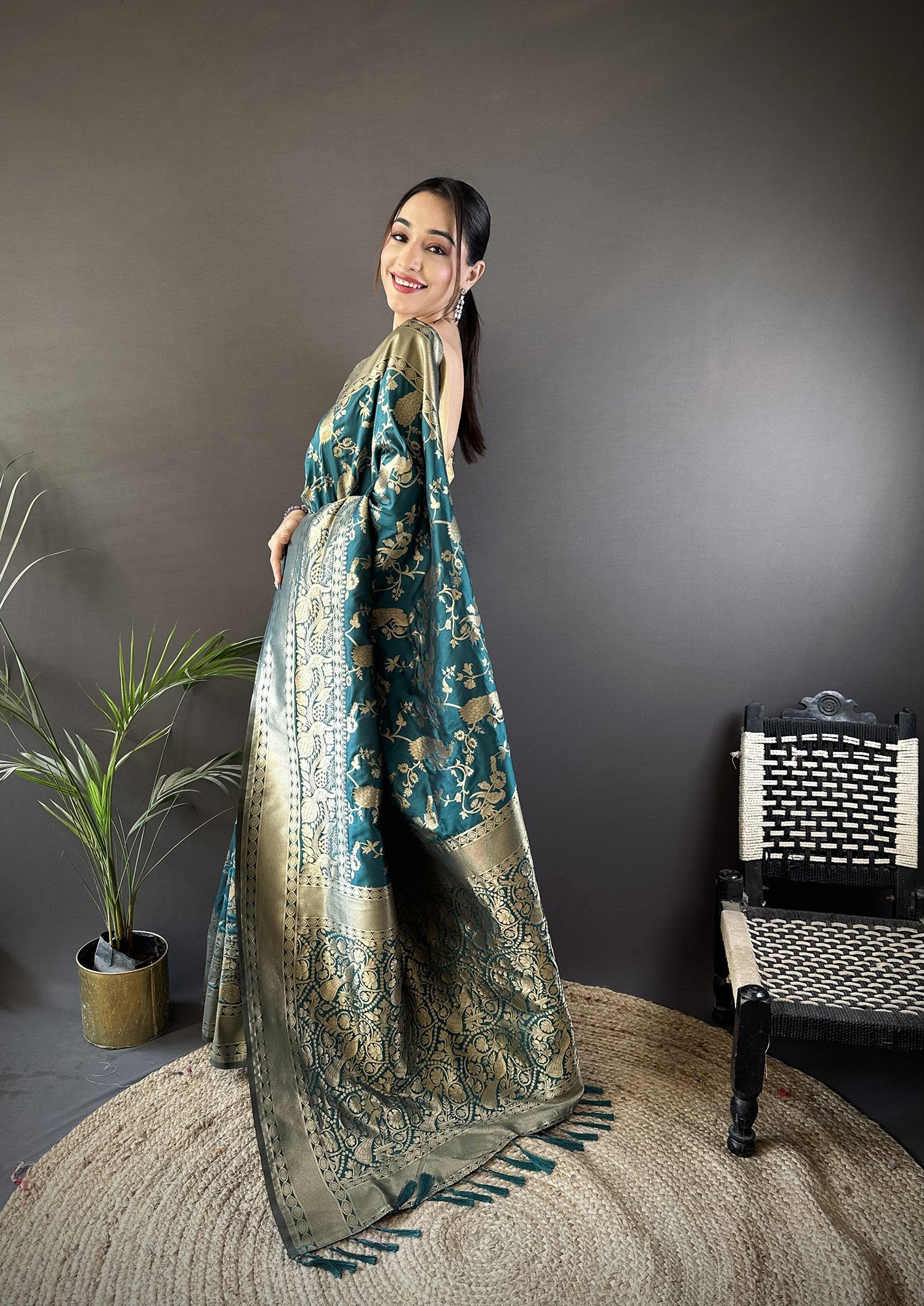 Joban Fashion Teal Blue Banarasi Soft Lichi Silk Floral and Zari Pattern Saree