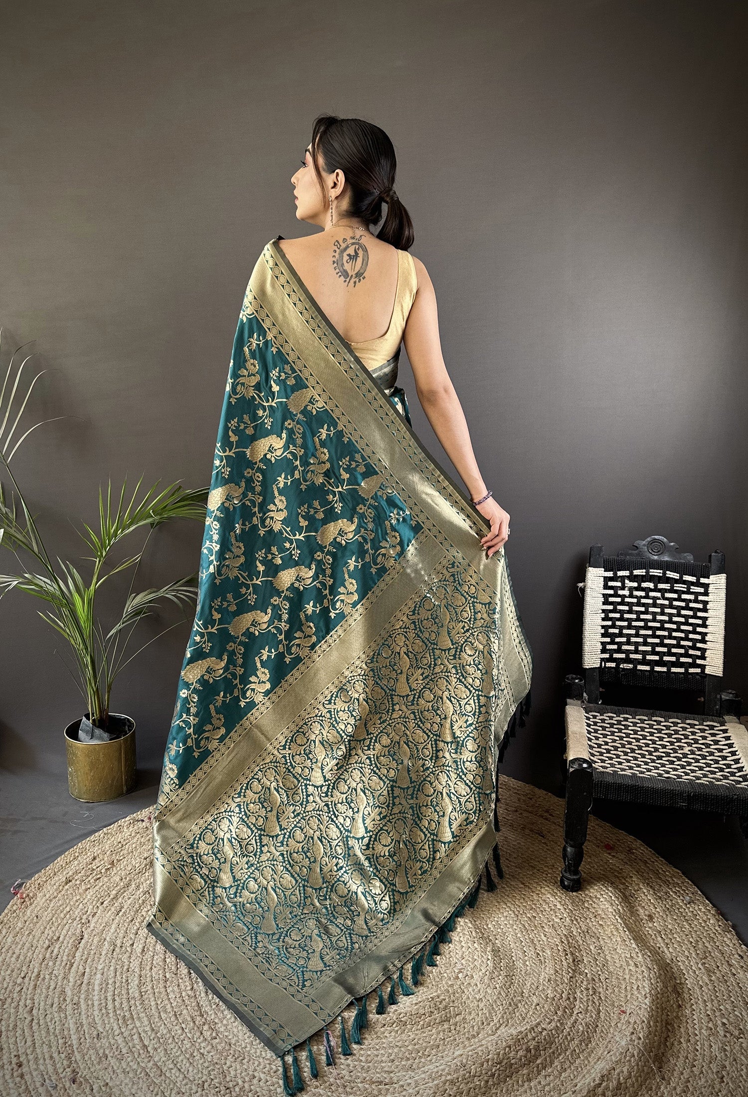 Joban Fashion Teal Blue Banarasi Soft Lichi Silk Floral and Zari Pattern Saree