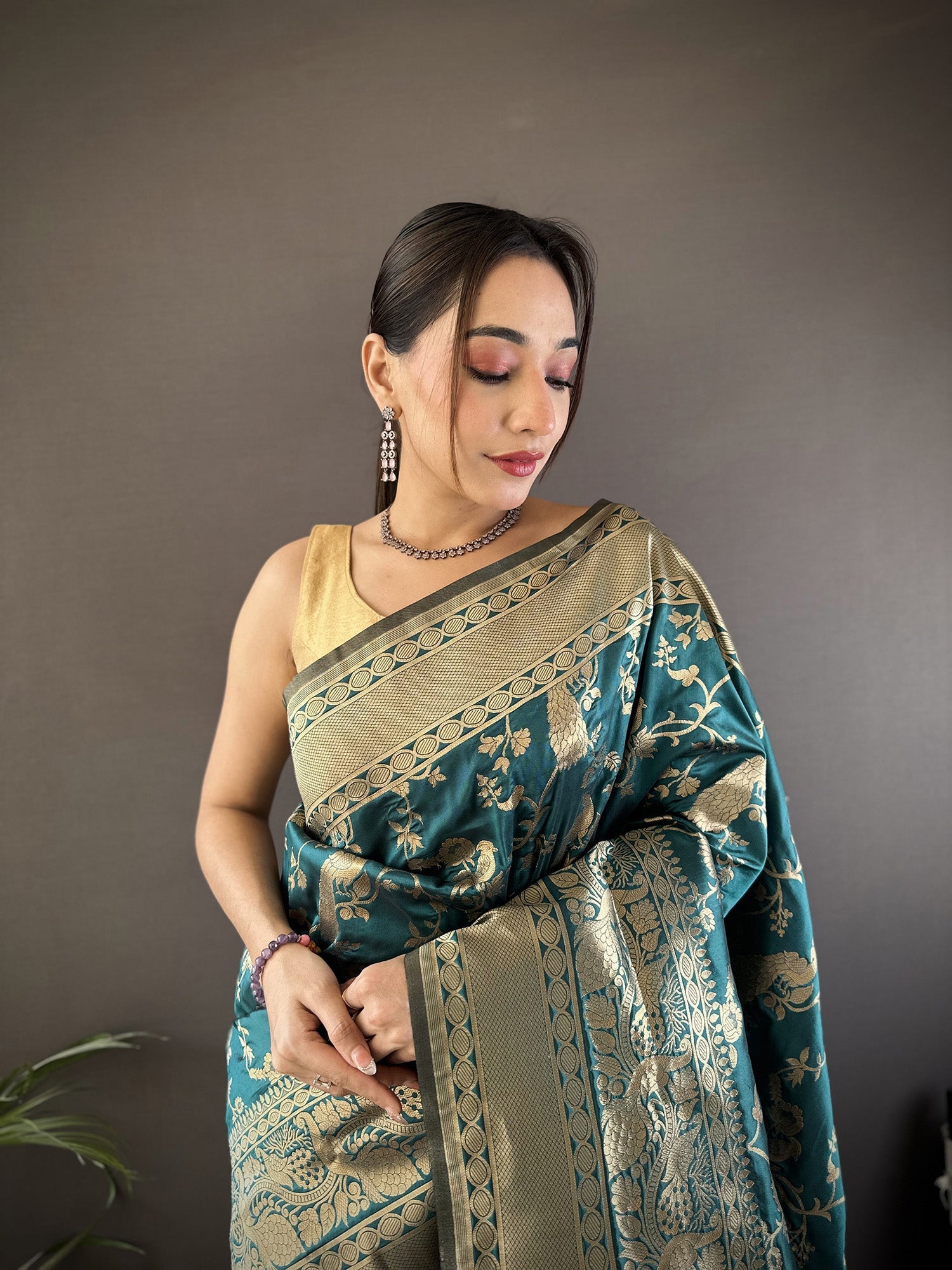 Joban Fashion Teal Blue Banarasi Soft Lichi Silk Floral and Zari Pattern Saree