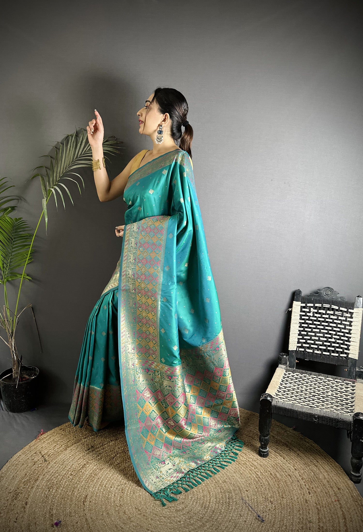 Joban Fashion Teal Green Soft Lichi Silk Multicolour Minakari Weaving Saree