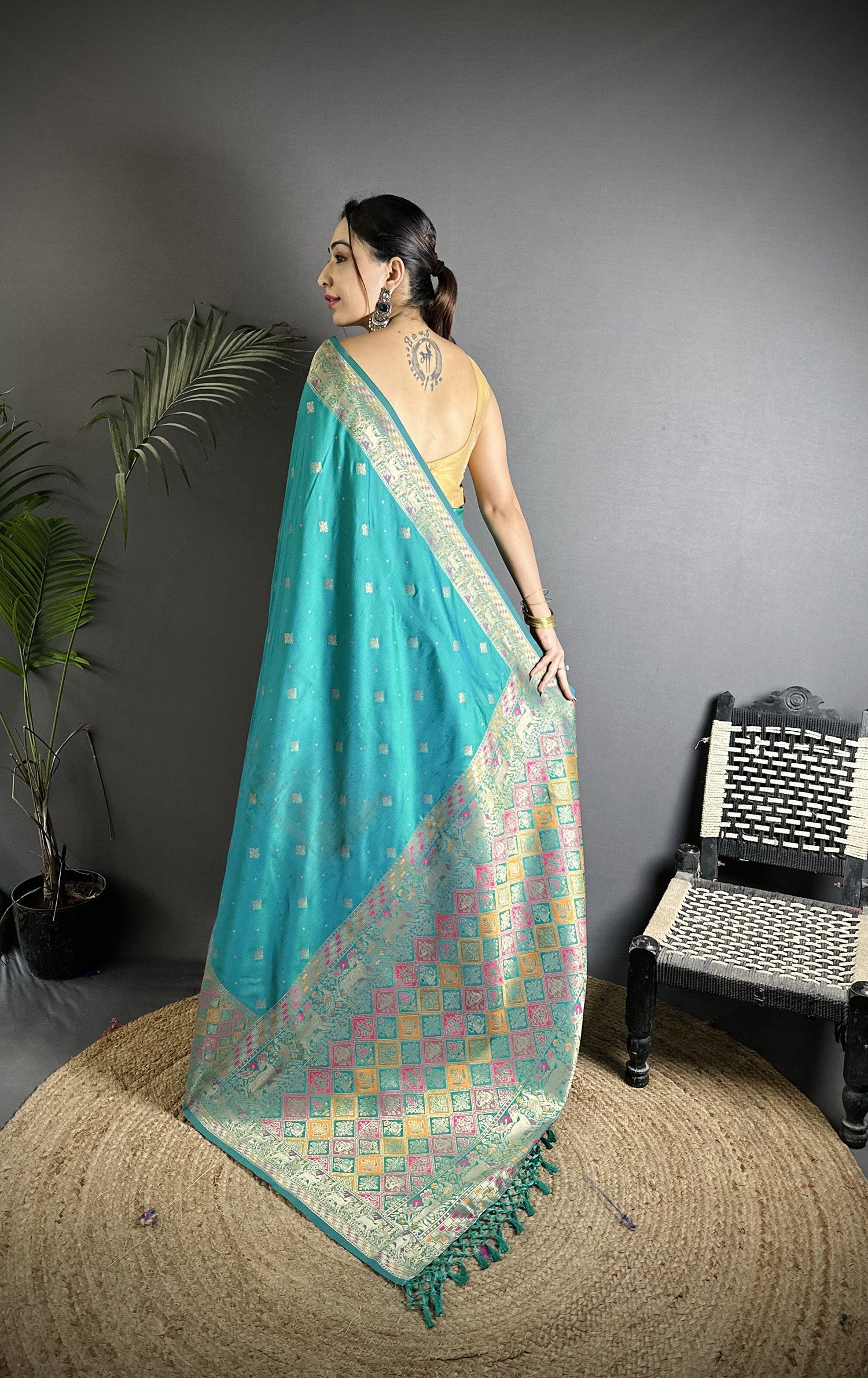 Joban Fashion Teal Green Soft Lichi Silk Multicolour Minakari Weaving Saree