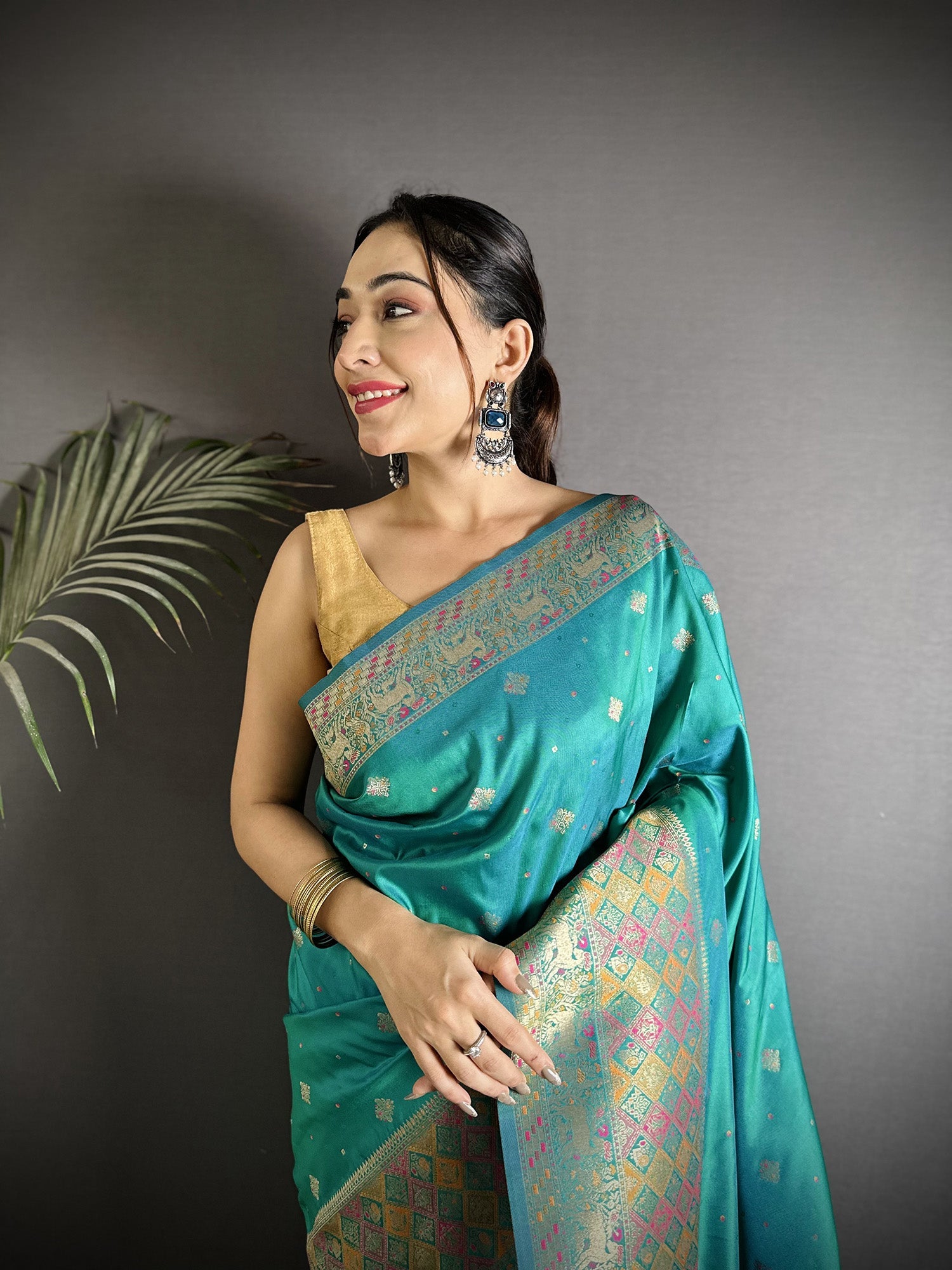 Joban Fashion Teal Green Soft Lichi Silk Multicolour Minakari Weaving Saree