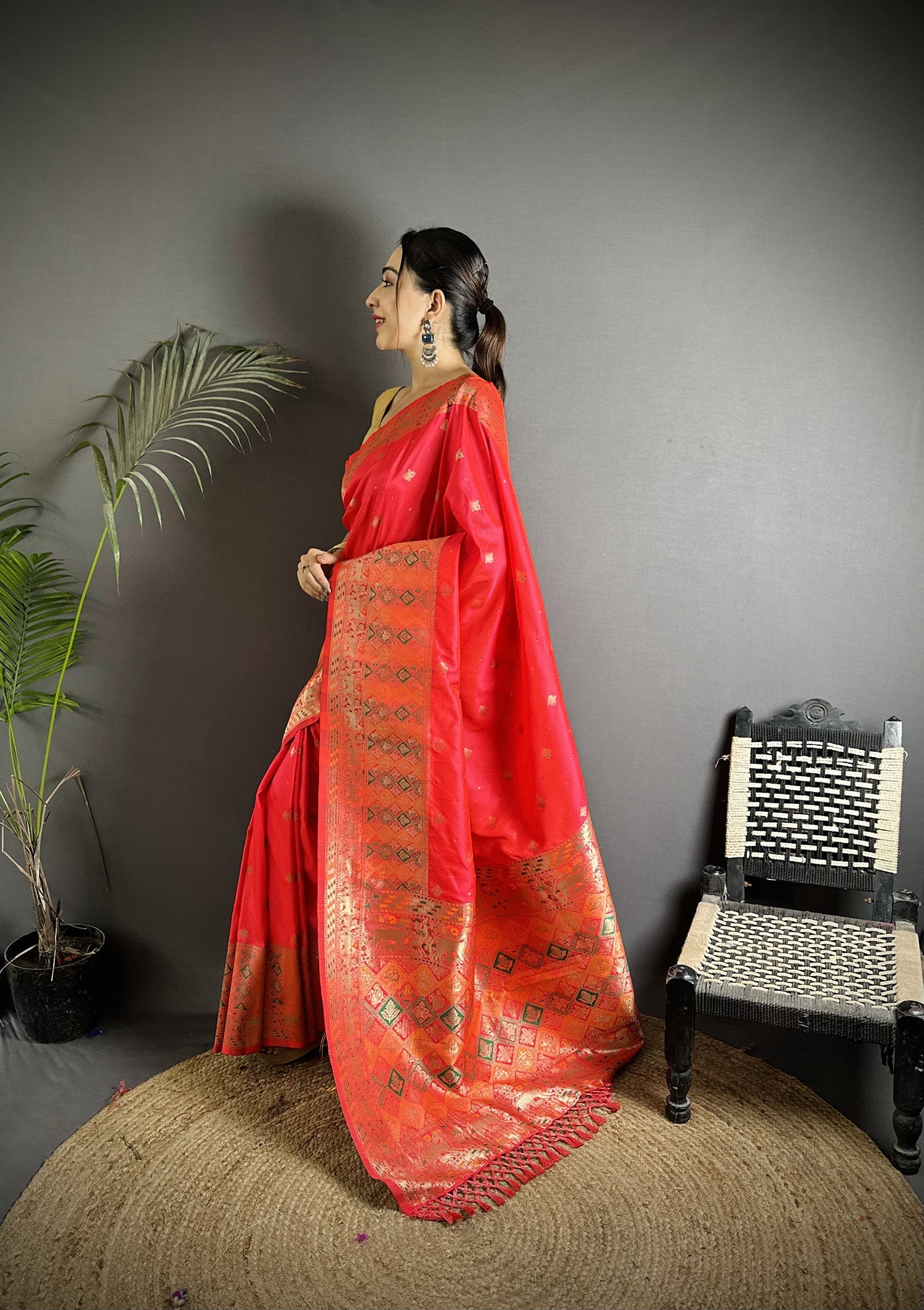 Joban Fashion Coral Red Soft Lichi Silk Multicolour Minakari Weaving Saree