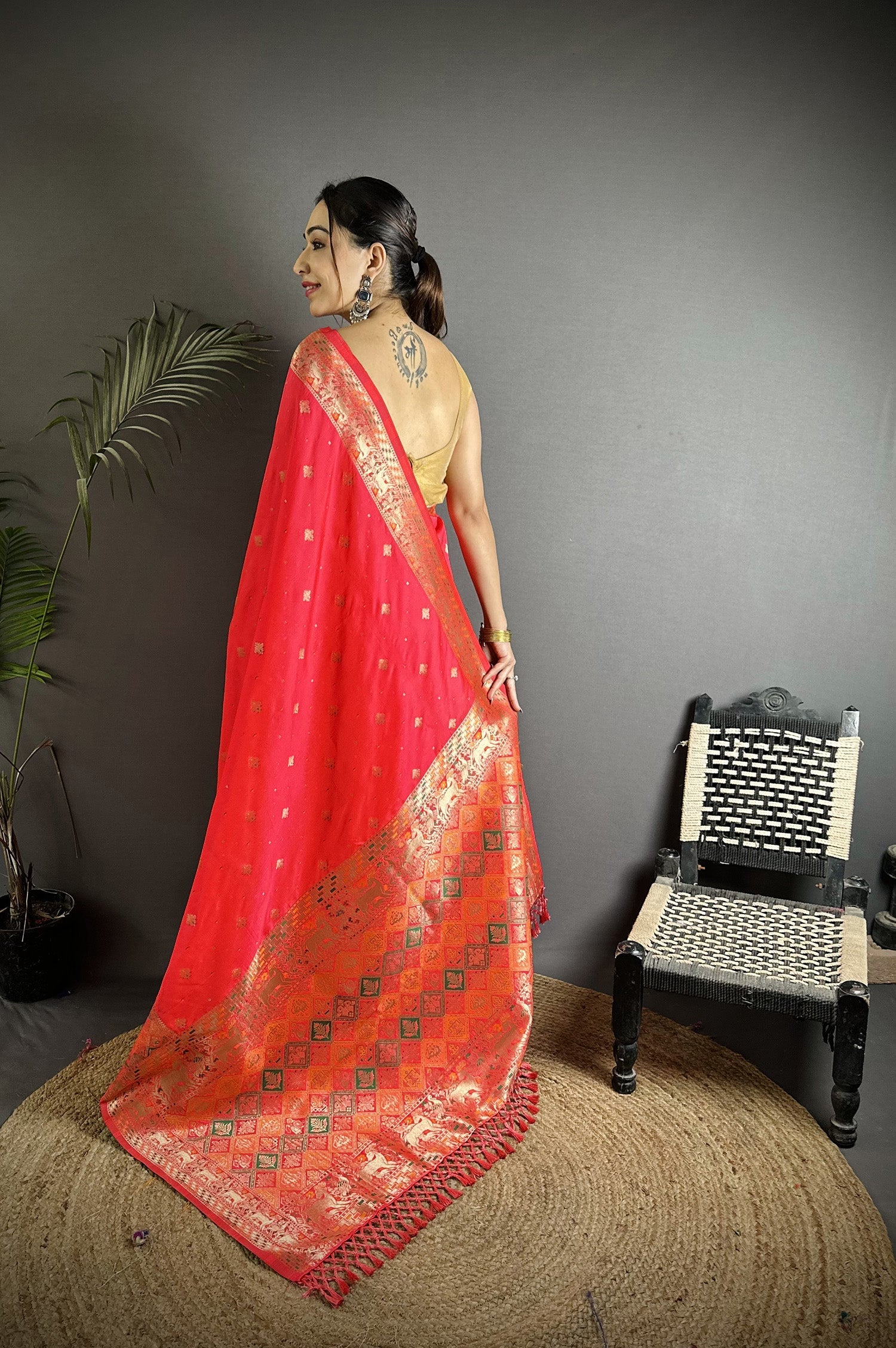 Joban Fashion Coral Red Soft Lichi Silk Multicolour Minakari Weaving Saree