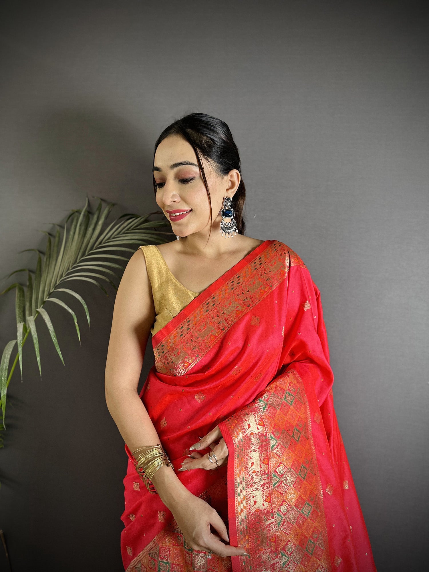 Joban Fashion Coral Red Soft Lichi Silk Multicolour Minakari Weaving Saree