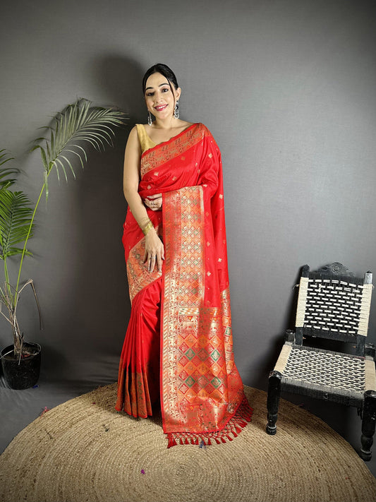 Joban Fashion Red Soft Lichi Silk Multicolour Minakari Weaving Saree