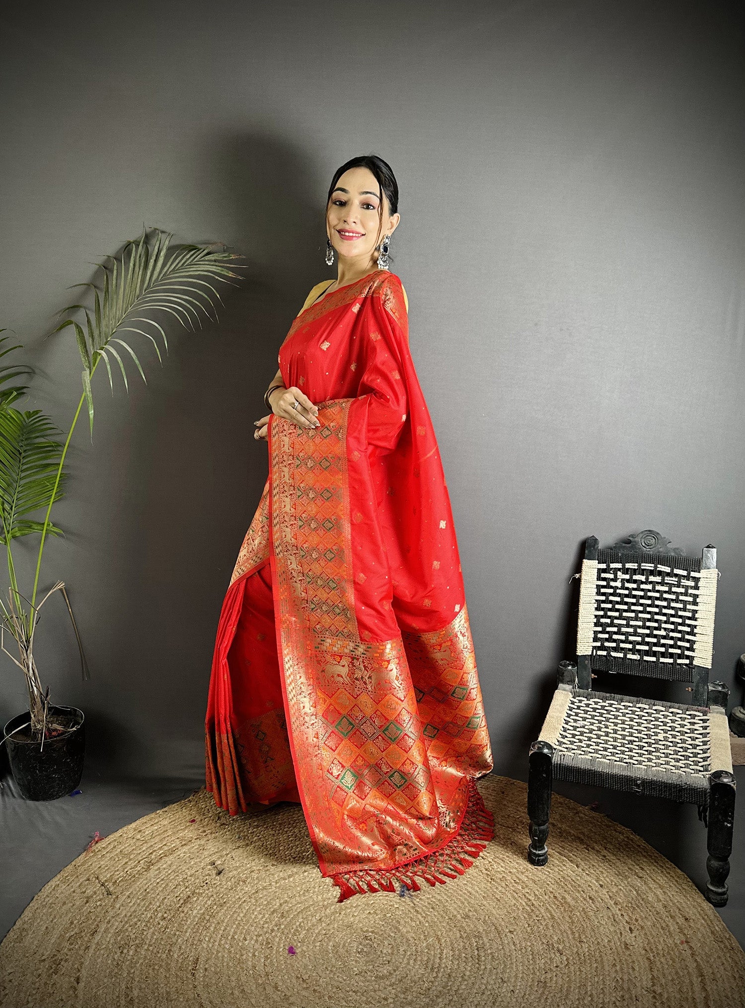 Joban Fashion Red Soft Lichi Silk Multicolour Minakari Weaving Saree