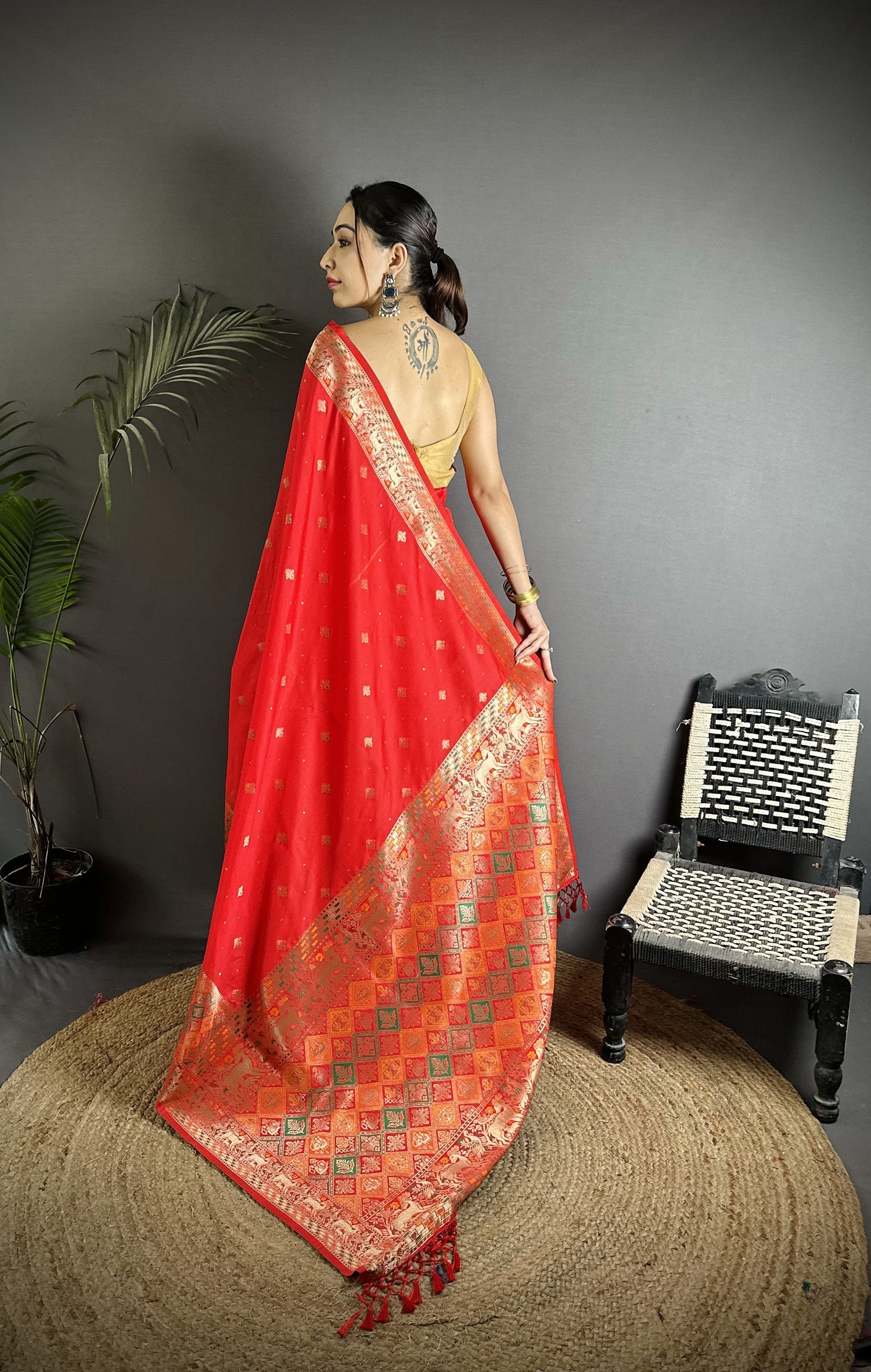 Joban Fashion Red Soft Lichi Silk Multicolour Minakari Weaving Saree