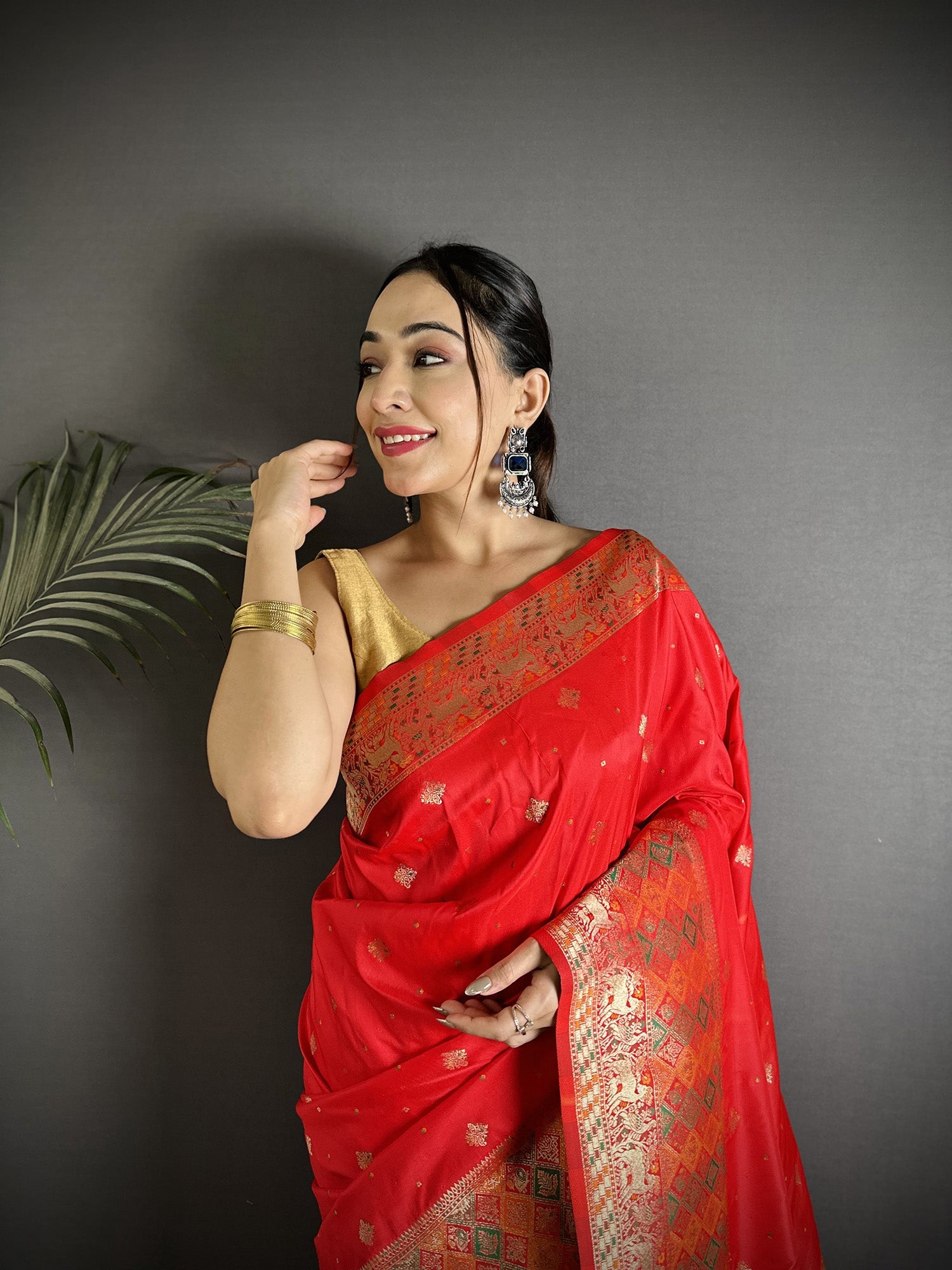 Joban Fashion Red Soft Lichi Silk Multicolour Minakari Weaving Saree