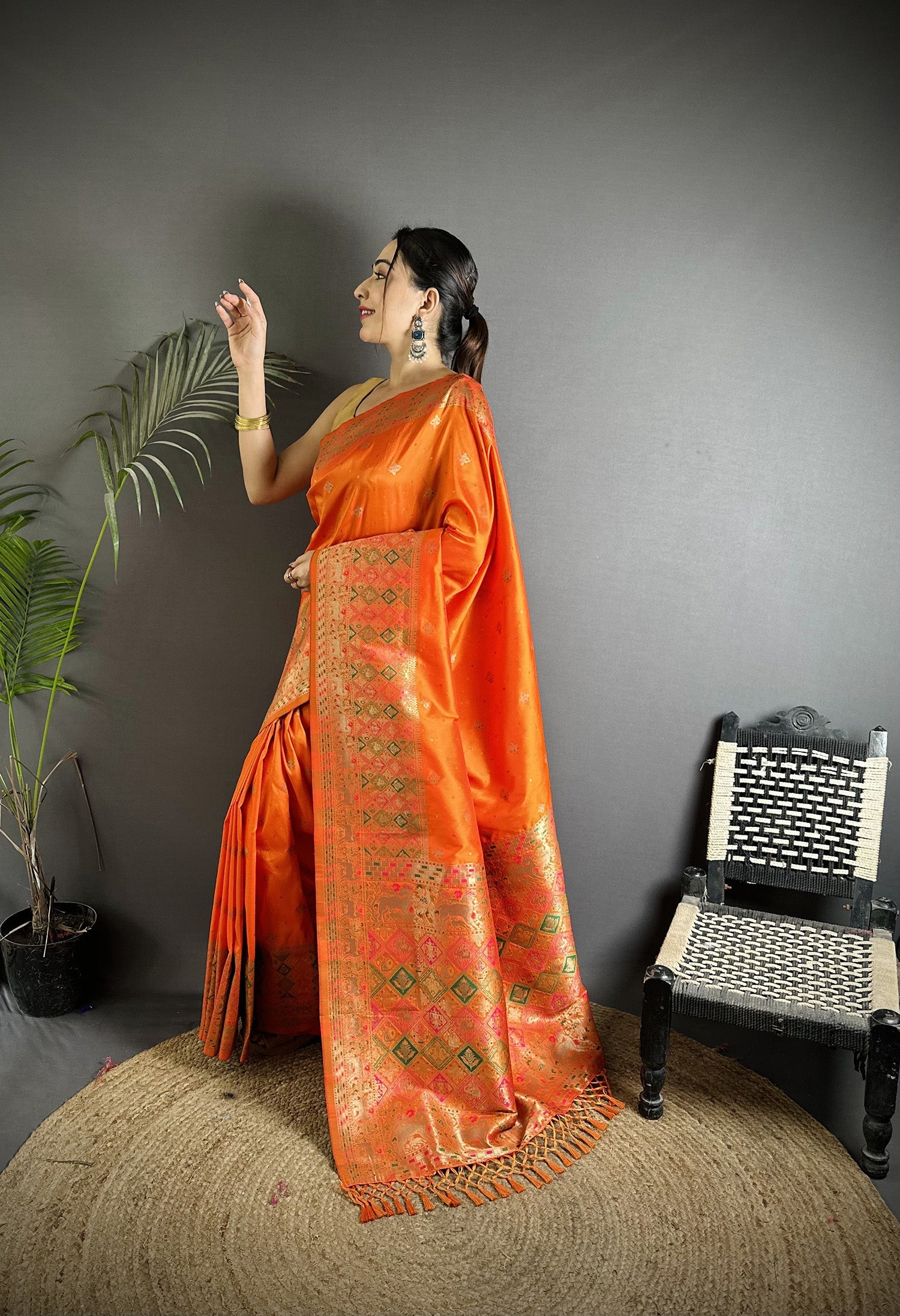 Joban Fashion Orange Soft Lichi Silk Multicolour Minakari Weaving Saree