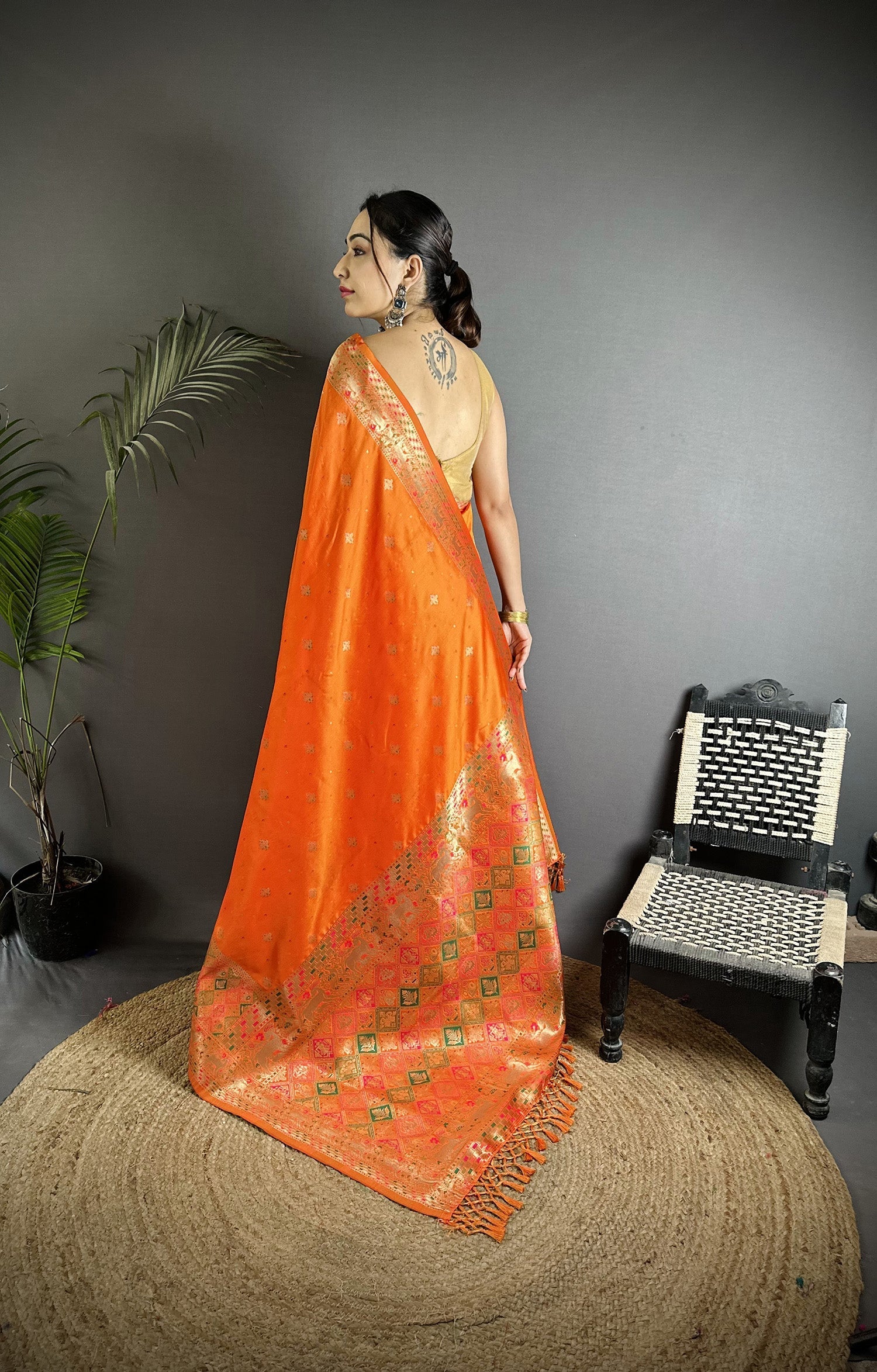 Joban Fashion Orange Soft Lichi Silk Multicolour Minakari Weaving Saree