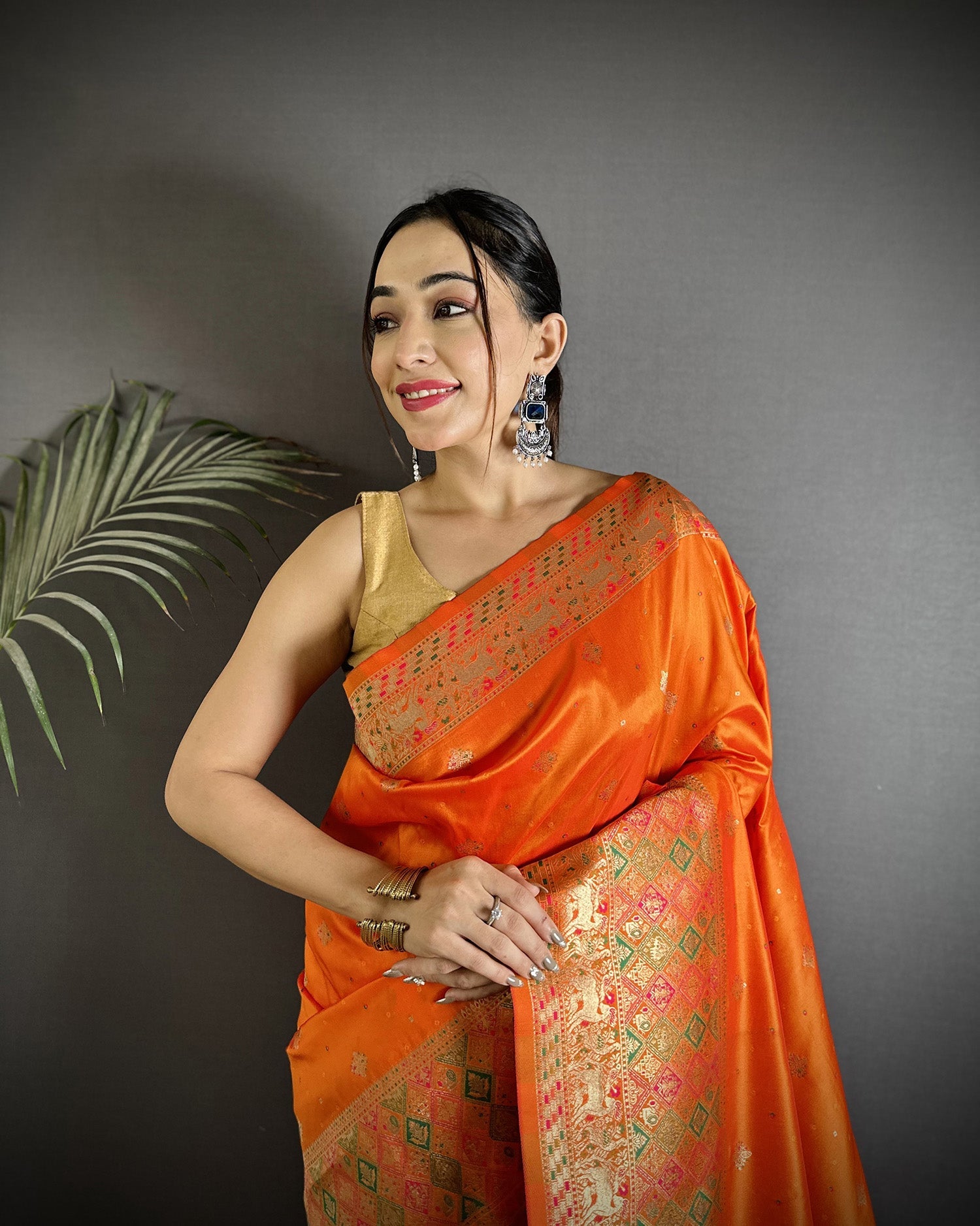 Joban Fashion Orange Soft Lichi Silk Multicolour Minakari Weaving Saree