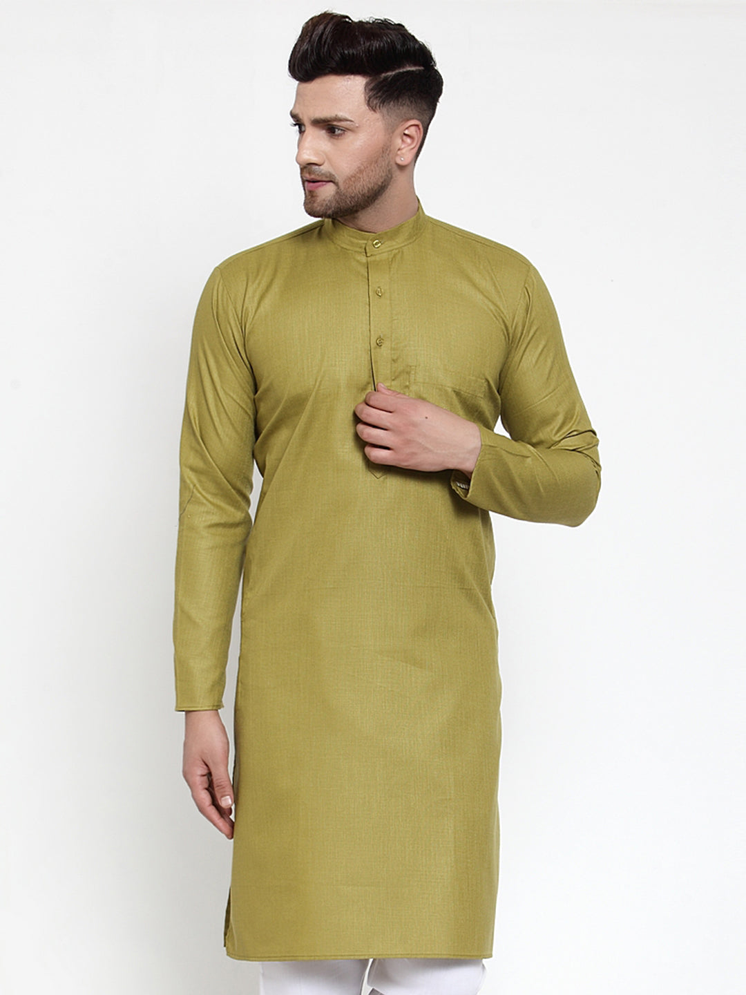 Jompers Men Olive Green & White Solid Kurta Only 