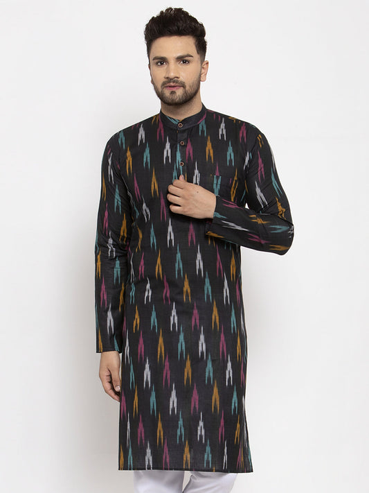 Jompers Men Black Woven Design Ikkat Straight Kurta Only