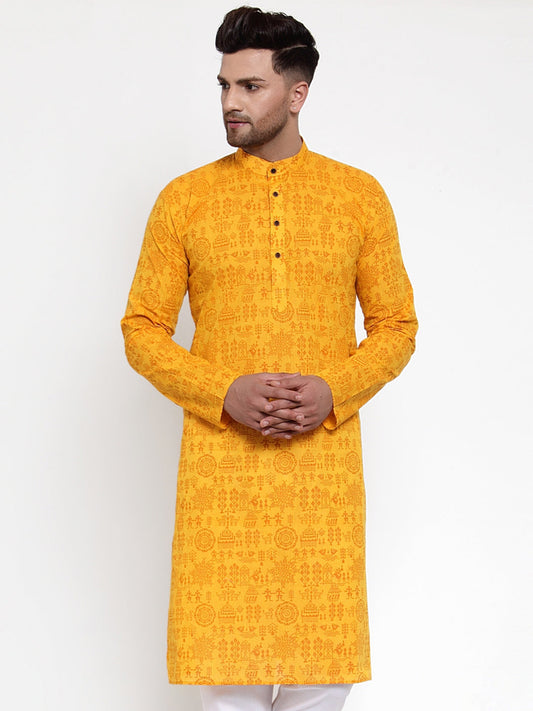Jompers Men Mustard Printed Straight Kurta Only