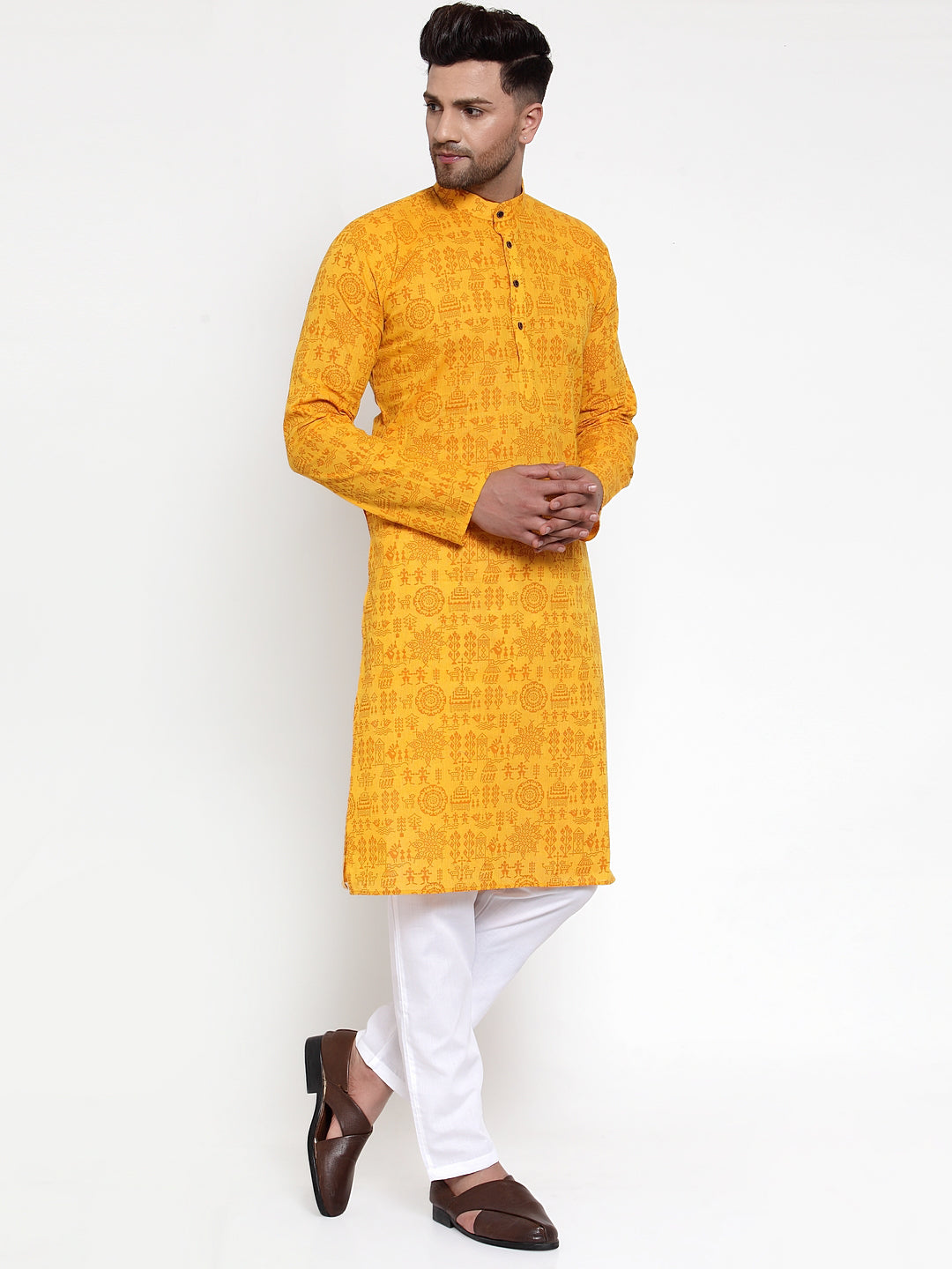 Jompers Men Mustard Printed Straight Kurta Only