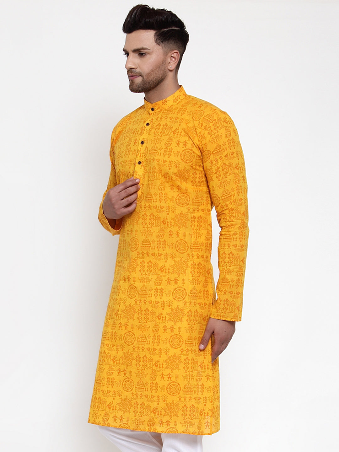 Jompers Men Mustard Printed Straight Kurta Only