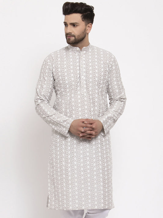 Jompers Men Light Grey Embroidered Kurta Only