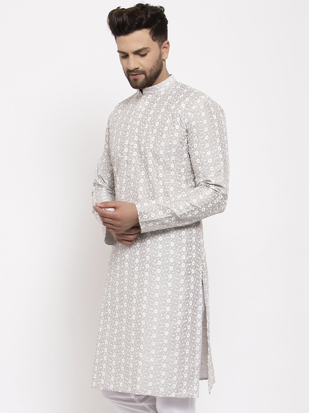 Jompers Men Light Grey Embroidered Kurta Only