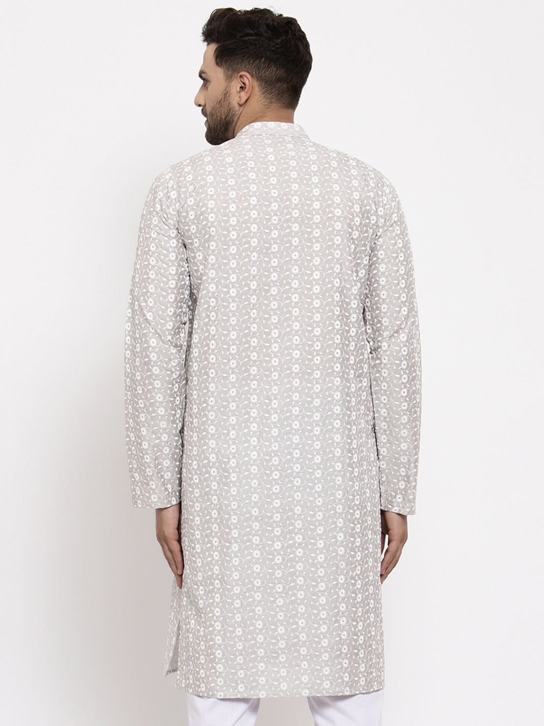 Jompers Men Light Grey Embroidered Kurta Only
