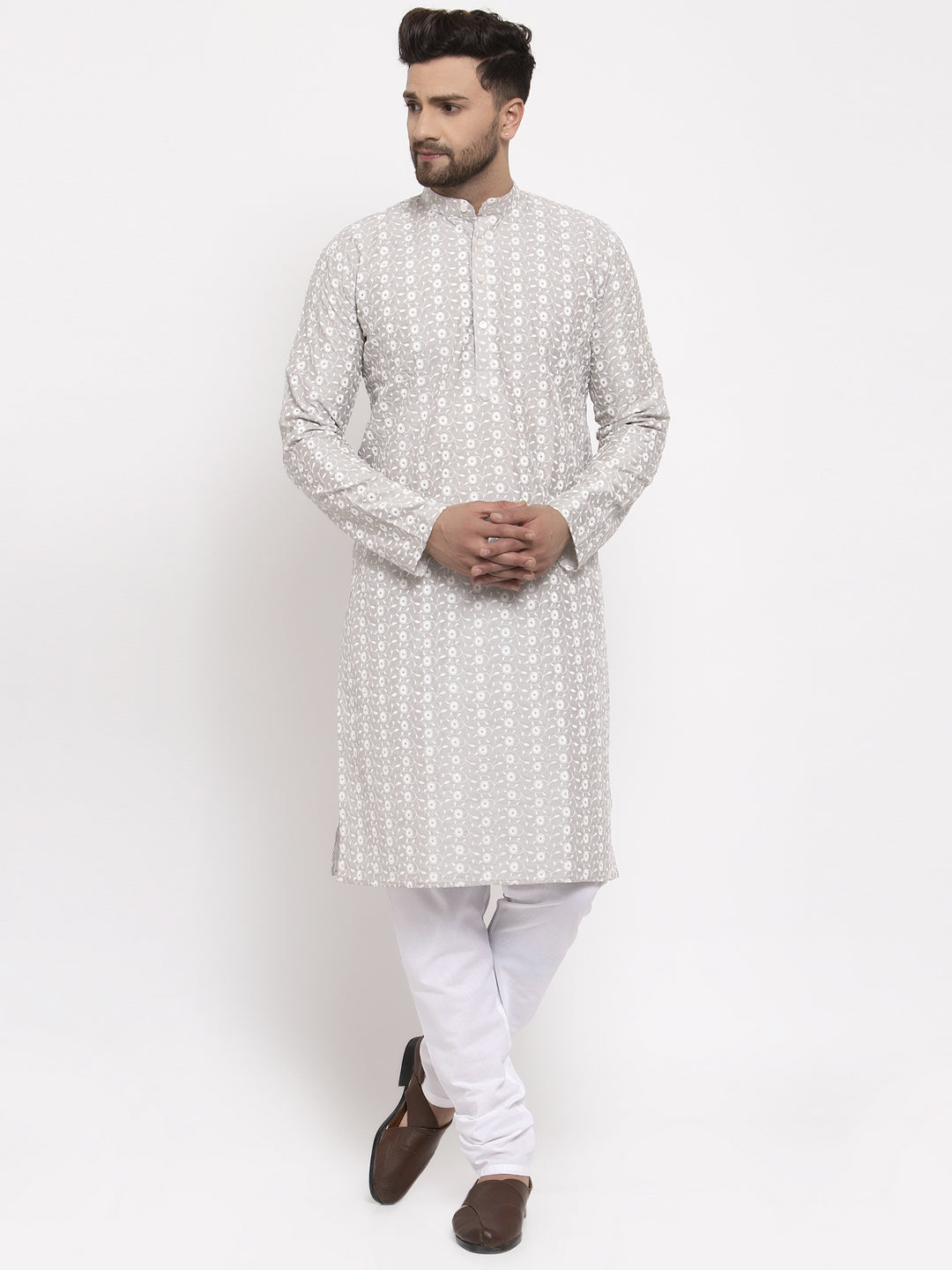 Jompers Men Light Grey Embroidered Kurta Only