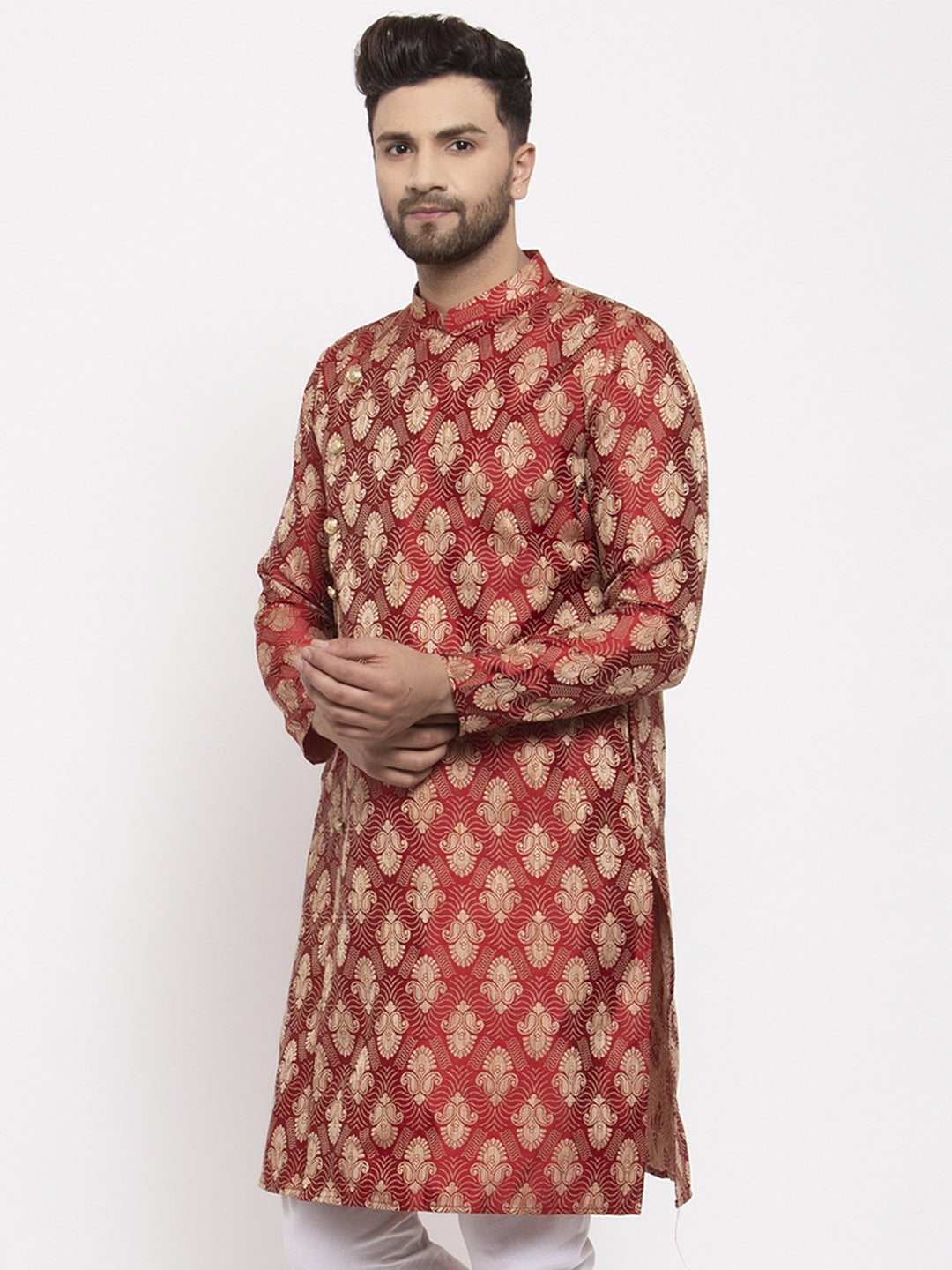 Jompers Men Maroon Jacquard Kurta Only