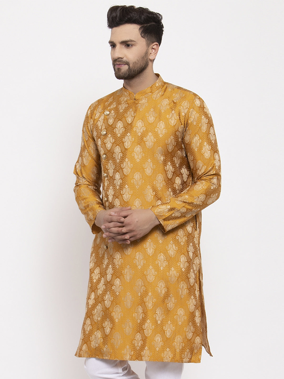 Jompers Men Mustard Yellow & White Jacquard Kurta Only