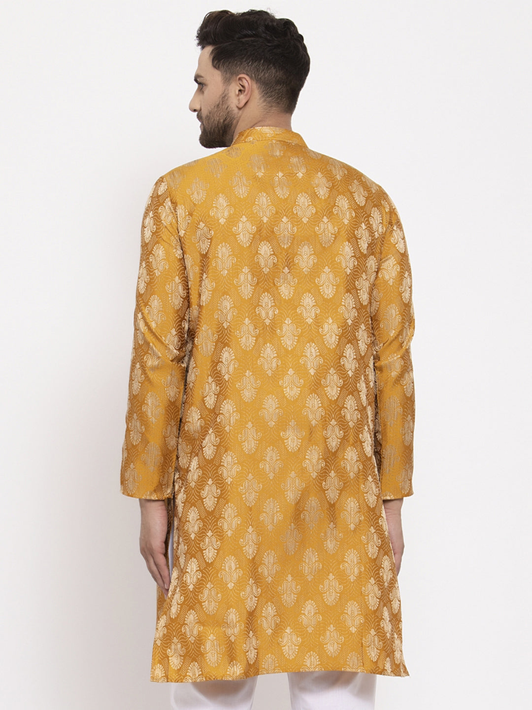 Jompers Men Mustard Yellow & White Jacquard Kurta Only