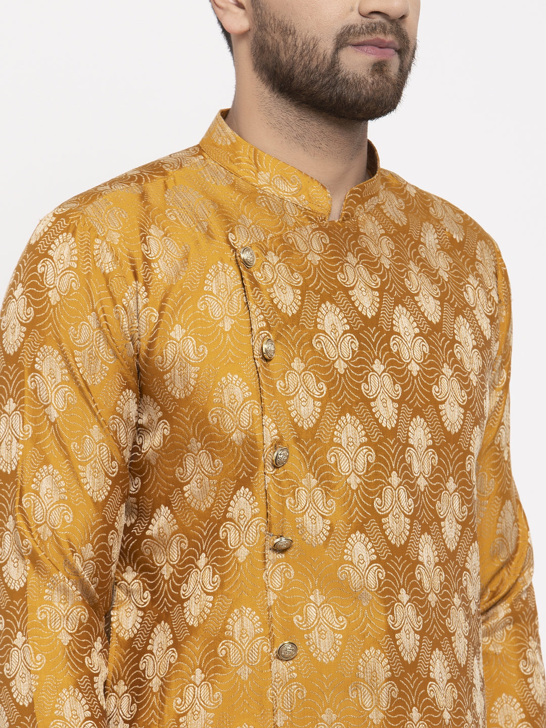 Jompers Men Mustard Yellow & White Jacquard Kurta Only