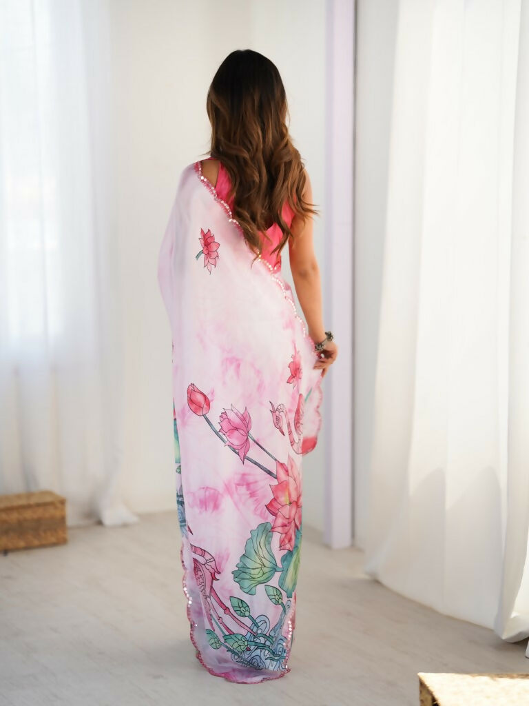 Off White Chinon Designer Digital Printed,Mirror Cut Work Saree - Manvika