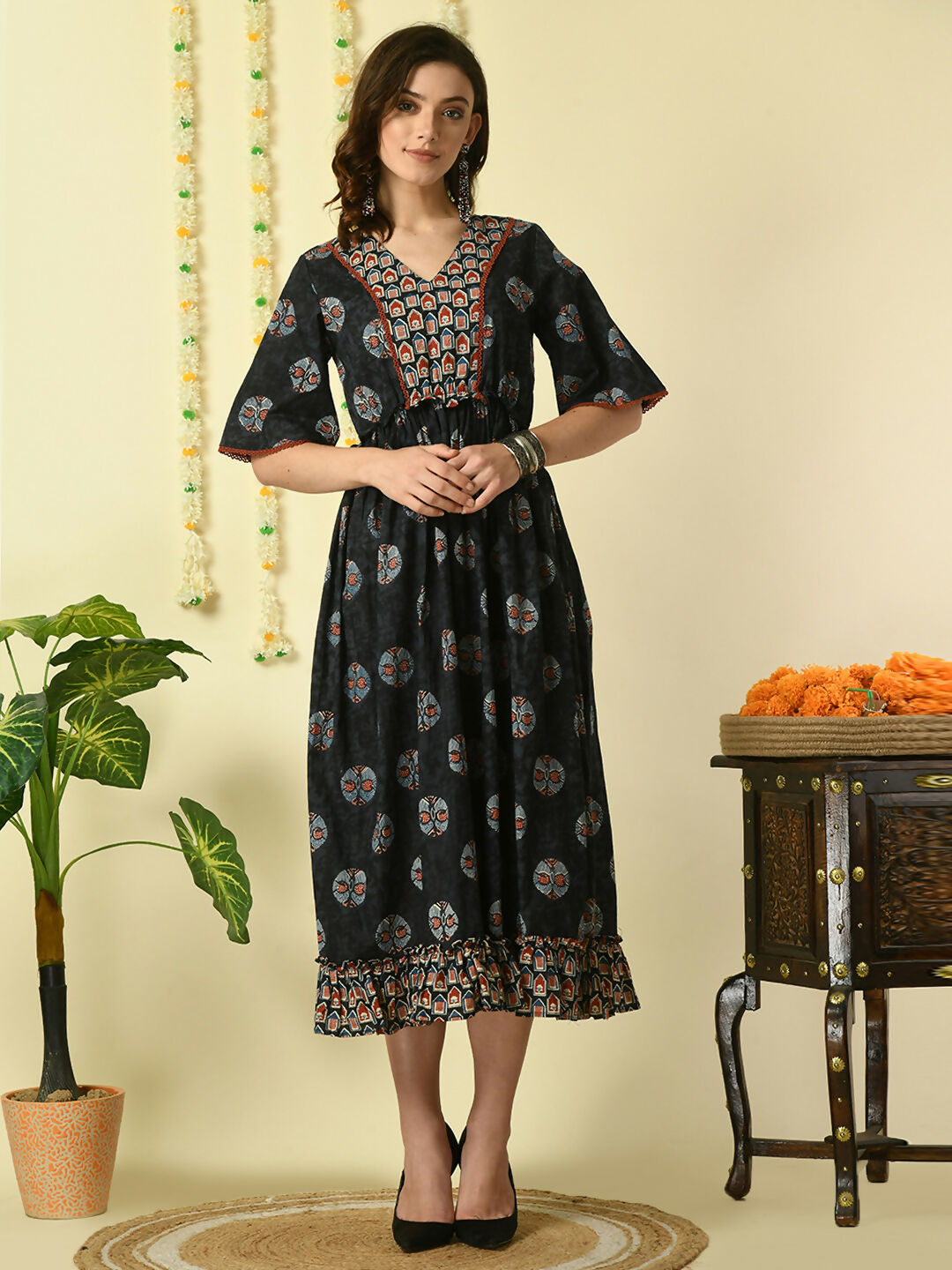 Myshka Women's Black Printed Cotton Party Dress