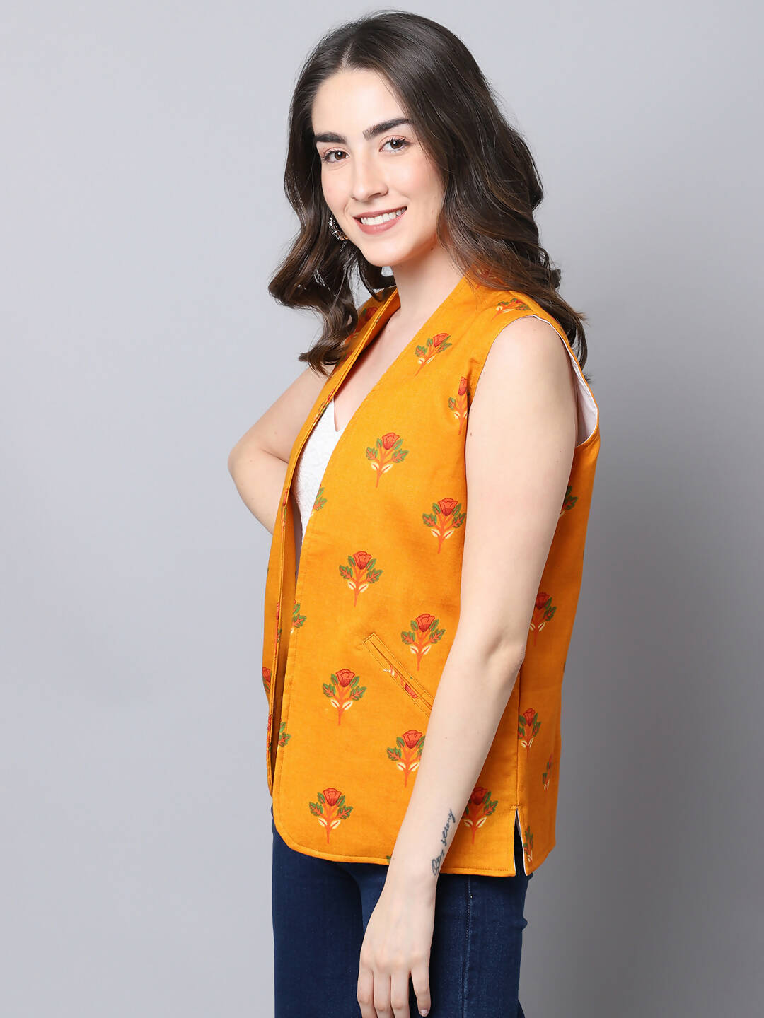 Even Apparels Yellow 100% Viscose Rayon Open Front Gillet (BF009) 
