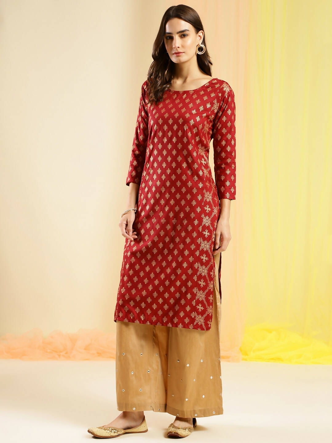 Maroon & Gold-Toned Viscose Rayon Ethnic Motifs Printed Kurta - Mamta