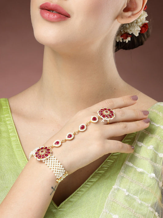 NVR Women's Red Gold-Polished Stone Studded Handcrafted Ring Bracelet