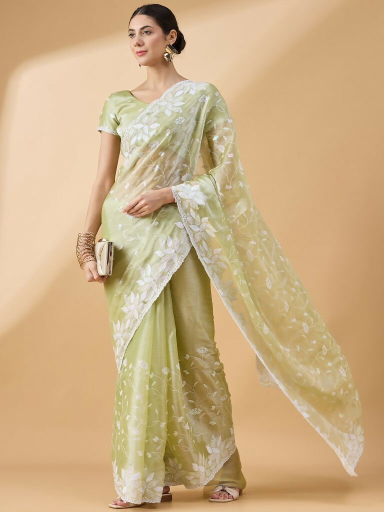 Green Tissue Slub Embroidered Saree with Unstitched Blouse - Vairagi