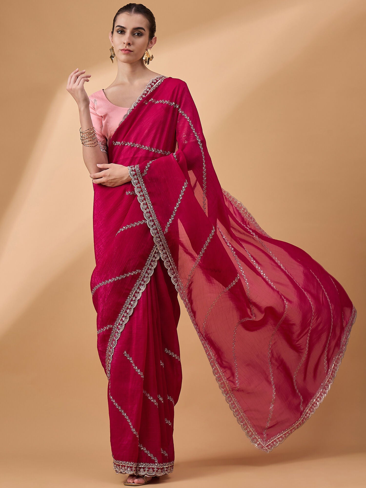 Pink Muslin Embroidered Saree with Unstitched Blouse Piece - Satya