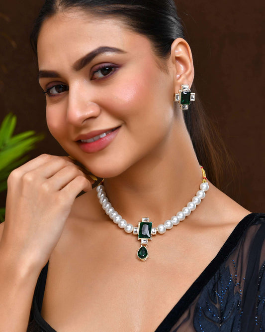 Jewels Nest Kundan Inspired Pearl and Green Stone Bridal Necklace Jewels Nest