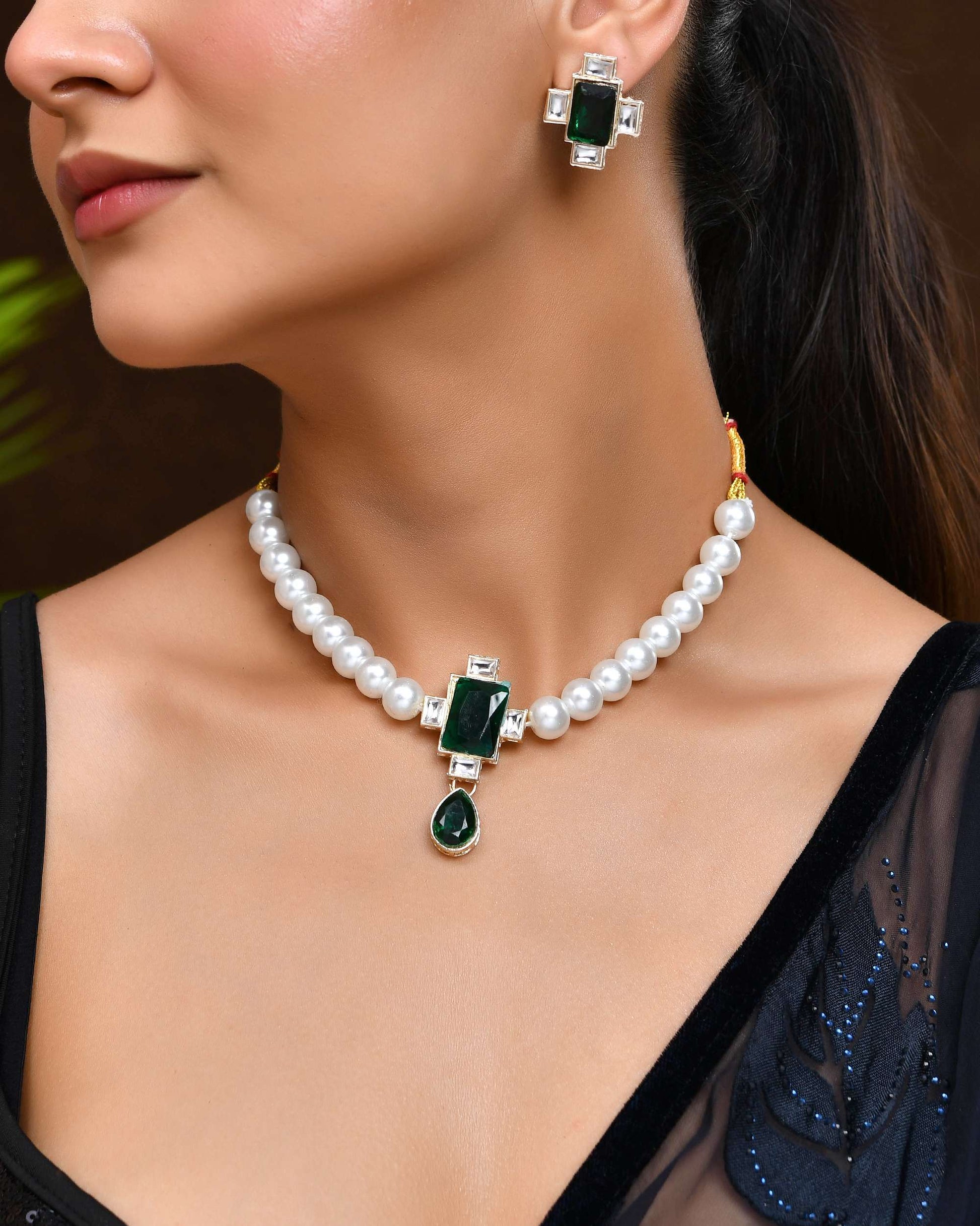 Jewels Nest Kundan Inspired Pearl and Green Stone Bridal Necklace Jewels Nest